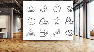 Wellness web icon set in line style. Relaxation, spa, sleep, yoga, health, lifestyle, spiritual practice, meditation, collection. Vector illustration. Wall mural