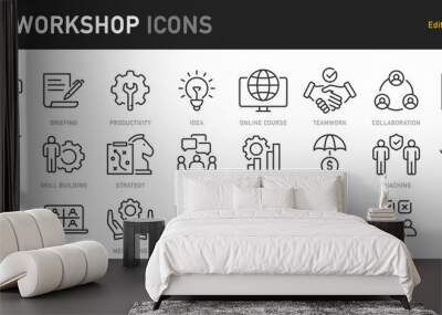 Workshop web icons in line style. Teamwork, training, business, partnership, goals, coaching, collection. Vector illustration. Wall mural