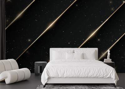 Luxury black abstract background with gold line elements, light rays, and bokeh effect decoration. Wall mural