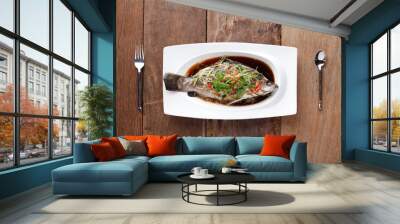 White Pomfret Steamed Dish with chinese sauce,Ready to eat. On T Wall mural