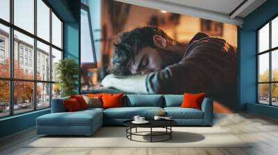 Exhausted Man Sleeping at His Desk Wall mural