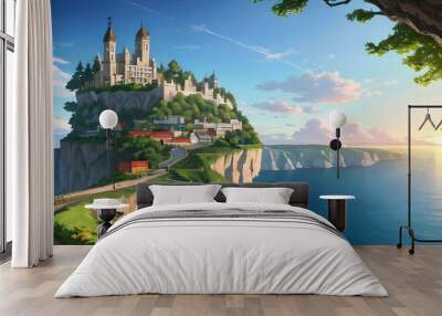 Natural landscape with beautiful fantasy castle. Paradise island illustration in anime cartoon style. Generative Ai Wall mural