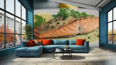  view of salmon sole meuniere with lemon. fillet of red fish. steak trout fried with butter, lemon  Wall mural