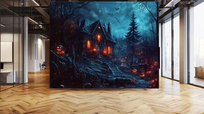 Fog-shrouded dense forest in dark hues, painted for Halloween, ultra HD. Wall mural