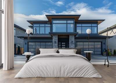 New modern luxury home with two garage doors and concrete driveway in Washington state Wall mural