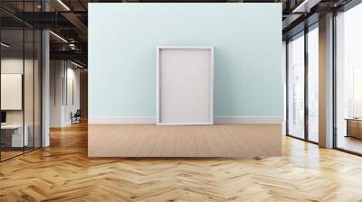 White photo frame mock up on wooden floor with vintage mint color  wall. Wall mural