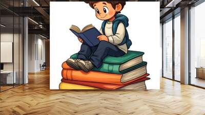 Cartoon Illustration of a Boy Sitting on Books Reading Wall mural