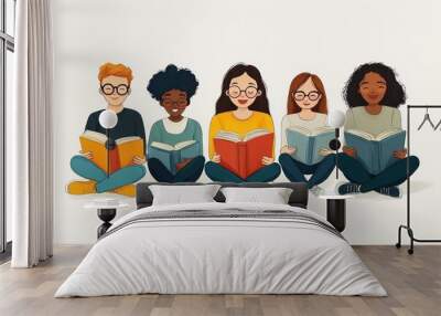 Diverse Group of Young People Reading Books Illustration Wall mural