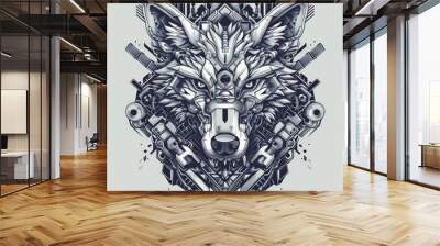 A stylized wolf's head with a robotic and futuristic design, surrounded by intricate gears and technology elements. Wall mural