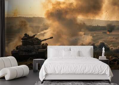 Soldiers in a field, with a tank in the foreground, firing its main gun. Smoke and dust fill the air. Wall mural