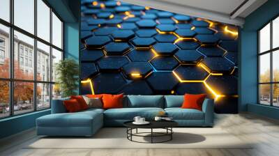 Abstract background with glowing hexagons. Abstract digital futuristic pattern. Close-up of hexagonal patterns. Abstract neon glowing hexagons background. High-tech designs. Modern tech. Copy space Wall mural