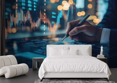 Business development concept. Business people using tablets and working together for financial data analysis, a business chart with a graph of stock market. Digital business growth. Business tech Wall mural