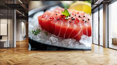 Colorful fresh salmon fillet with herbs and spices. Salmon and vegetables. Raw fish fillet. Healthy Food. Fresh meat for a sashimi plate with herbs. Salmon fish Wall mural