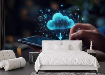 Digital data transfer concept. Man holding hand with loading sign of cloud storage. Digital technology background. Cloudy technology background. Data transfer and network connection Wall mural