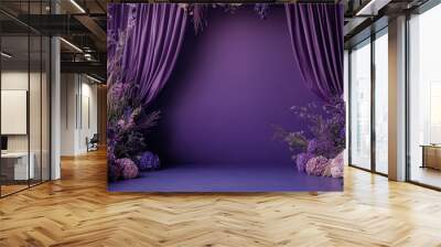 Elegant purple wall with curtain and floral decoration. Studio for a wedding or party background, photo studio, product presentation or Valentine's Day celebration. Copy space for text. Wall mural