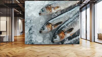 Fresh fish on ice at the market. Variety of raw fresh fish. Sale of sea fish. Fresh fish in a fish shop. Wall mural