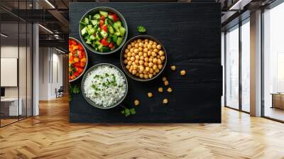 Healthy eating concept. A top view of healthy food. A vibrant and colorful plant-based bowl. World Vegetarian Day. Fresh organic vegetables. Healthy vegan bowl. Vegan meal. Wall mural