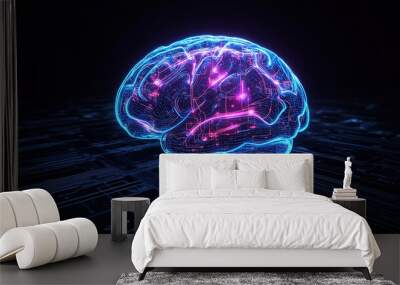 Hologram of the brain. Brain and technology network. Digital brain with glowing circuit patterns. Futuristic brain. Digital human brain connected to an electronic board. Artificial Intelligence tech Wall mural