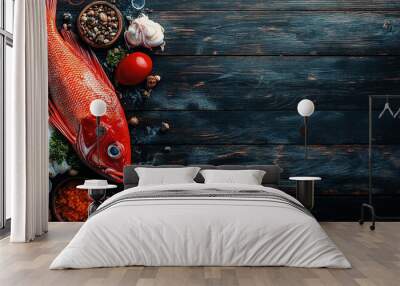 Seafood concept. Fresh sea food background. Fish and seafood products. Raw material fresh fish and seafood. Healthy food. Cooking ingredients. Copy space for text top view.  Wall mural