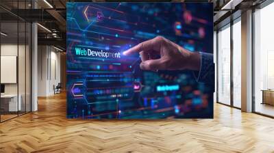 Technology background concept. Businessman checks a mark on a virtual screen with the text 