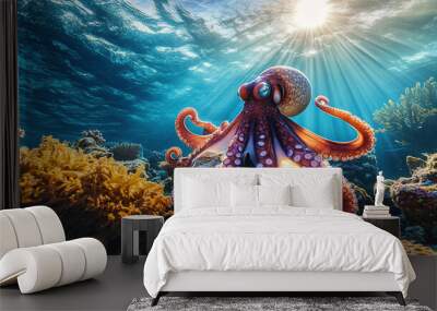 World Octopus Day. Octopus in the sea. Cute octopus in an underwater coral reef. Colorful octopuses in anemones on the background of coral reefs. Beautiful octopus underwater. Copy space area Wall mural