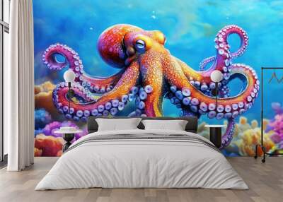 World Octopus Day. Octopus in the sea. Cute octopus in an underwater coral reef. Colorful octopuses in anemones on the background of coral reefs. Beautiful octopus underwater. Copy space area Wall mural