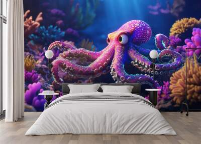 World Octopus Day. Octopus in the sea. Cute octopus in an underwater coral reef. Colorful octopuses in anemones on the background of coral reefs. Beautiful octopus underwater. Copy space area Wall mural