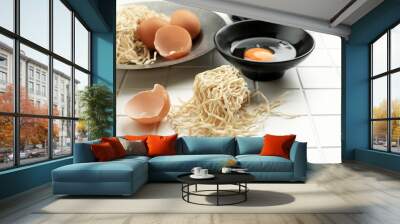 Raw Egg Noodle on White Table Wall mural