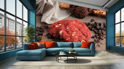 Red Velvet and White Chocolate Chip Cookies, Soft Cookie, Served with Milk. American Cuisine Wall mural