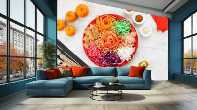 Salmon Yee Sang or Yusheng, a Prosperity Toss Dishfor Chinese New Year Celebration Wall mural