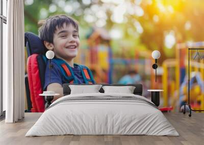 A young child with Cerebral Palsy in a colorful playground. The child is in a wheelchair with custom supports Wall mural