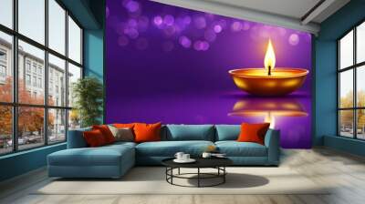 Burning oil lamp for Dilwali or Deepavali on purple background. Illustration of burning oil lamp on purple background Wall mural