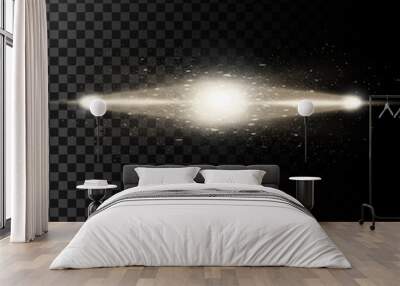 Vector illustration of a two golden light rays with glitter, a light beams with sparks, a glow effect, an explosion, a flash on a black background. Design element Wall mural