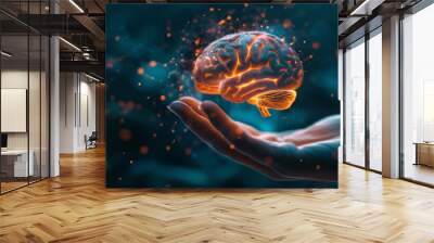 3D human brain hologram floating above the hand, orange glowing lights on it, background blurred, concept of artificial intelligence and neural networks Wall mural