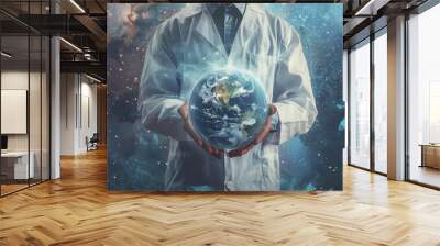 A scientist in a white coat holds the planet Earth in his hands against a space background with blue and gray tones, depicting a concept of global health care Wall mural