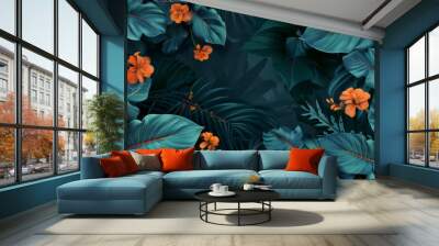 Abstract dark green and blue leaves background with orange tropical flowers, vector illustration. Nature banner design for print or wallpaper. Wall mural