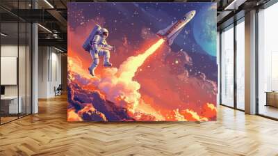 An astronaut is flying in the sky on an old rocket, with smoke and flames coming from under it, against the background of stars and clouds in a space landscape with the moon. Wall mural