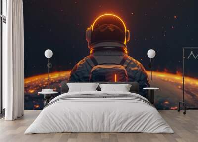 Back view of an astronaut in a space suit, with planet Earth behind him and orange light from the sun shining on his helmet against a dark background Wall mural