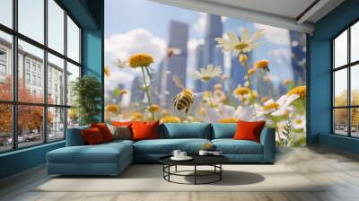 bees flying over wild flowers in the city, beautiful sunny day, skyscrapers on background, natural light, photo realistic Wall mural