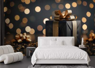 Black gift box with golden ribbon on dark background with bokeh lights. Black Christmas present gift for holiday celebration, party and birthday greeting card copy space Wall mural