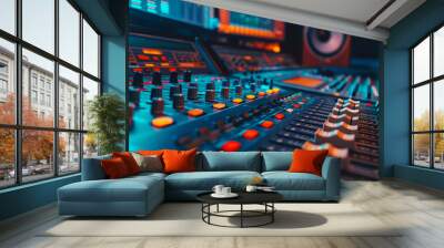 Close up of a sound studio with a professional audio mixing console and monitors, in the style of a video production or film capture concept, a detailed illustration, a high resolution photography Wall mural