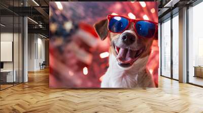 Happy smiling Jack Russell Terrier dog in red white and blue sunglasses with an american flag on the background of fireworks, USA patriotic concept Wall mural