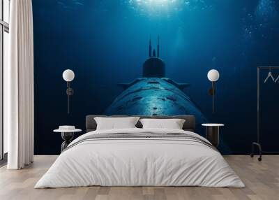 Modern submarine in deep sea, bottom view. navy blue underwater background Wall mural