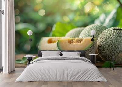 Fresh, ripe cantaloupe melons on a rustic wooden table, with a lush green garden background. Concepts. healthy eating, summer fruit, sweet snack, and juicy melon. Wall mural