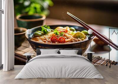 a bowl of food with chopsticks on a table Wall mural