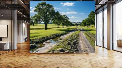 empty road leading into a field lined with trees Wall mural