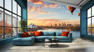 Panoramic view of Sydney Harbour Bridge and Sydney Opera House at sunset Wall mural