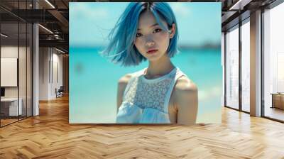 portrait of beautiful short blue haired female model on the beach, wearing a white dress. Generative Ai Wall mural