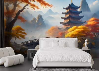 The serene autumn scene features a traditional Chinese pagoda set amidst vibrant autumn leaves. Wall mural