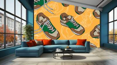 Seamless Pattern. Sneakers Shoes. Sneakers Illustration. Flat Vector Illustration. Fashion Sneakers. Pattern Backround Wall mural